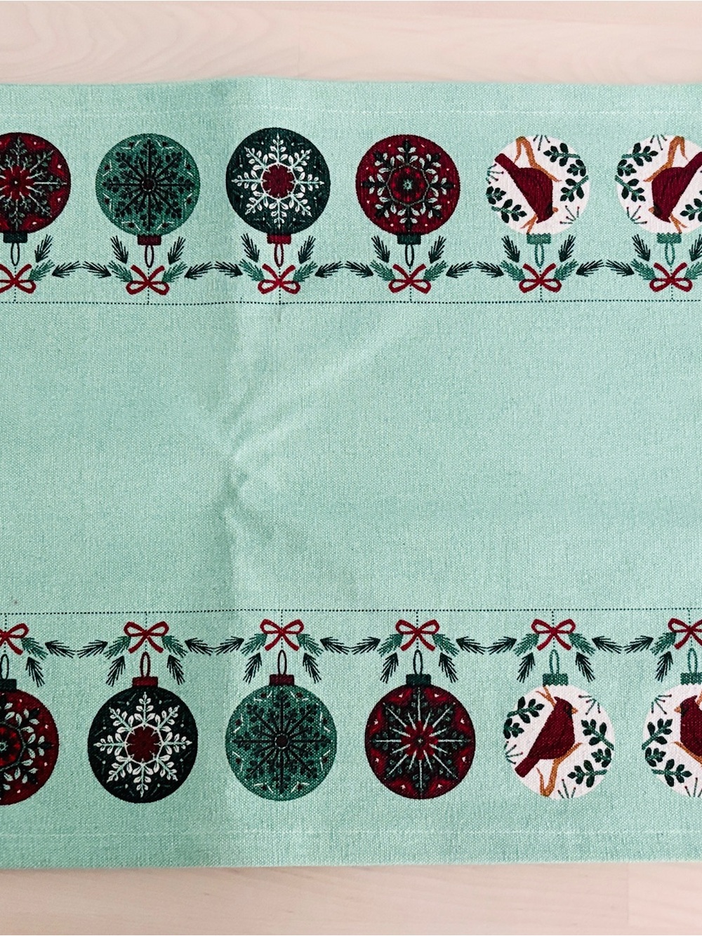 New Nica Mint Table Runner with Red & Dark Green Ornaments New